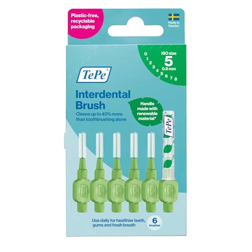 Image of TePe Interdental Brush Original, Soft Dental Brush for Teeth Cleaning, Pack of 6, 0.8mm, Large Gaps, Green, Size 5