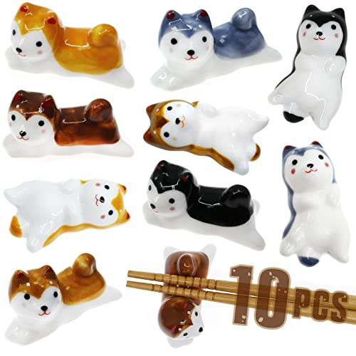10 Pack Dog Chopsticks Holder Set, China Japanese Style Porcelain Cute Lucky Dog Ceramic Chopsticks Rest Rack for Dinner Spoon Fork Knife Tableware Chopsticks Stand, Fun Gift for Women Adult(Cute Dog)