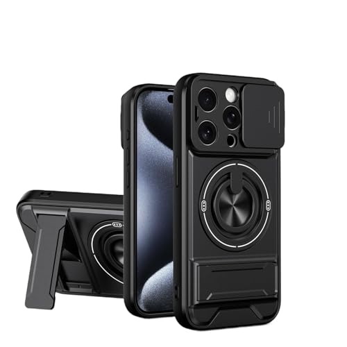 �X�}�z�P�[�X �Ή��@�� for iPhone 15 Pro �ԍڃ}�O�l�b�g�}�E���g�J���� �X���C�h�����p �����h�~ 2 in 1�yPC+TPU�z�����O�z���_�[ �L�b�N�X�^���h�P�[�X Black