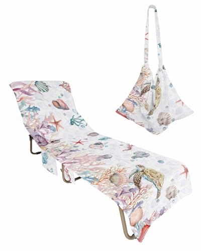 Coastal Turtle Beach Chair Towel Covers for Chaise Lounge with Side Pocket, Soft Plush Pool Towels Cover for Patio Sunbathing Outdoor 29''x85'' Nautical Starfish Seaweed Shell Coral Jellyfish