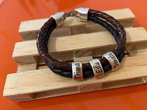 Pulsera de cuero personalizable con nombres. Regalo día del Padre - Madre