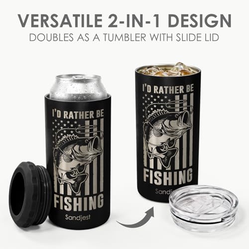Image of I'd Rather Be Fishing American Flag Can Cooler 12oz - Travel Mug Cup - Stainless Steel Insulated for Men Fishermen - Tumbler Cans Koozie, Gift for Dad Brother Christmas, Birthday, Father's Day
