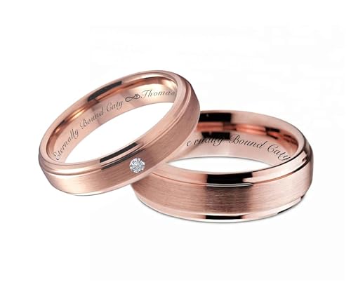 Personalized Rose Gold Tungsten Ring Set Custom Engraved Free In Any Language - Couple's Ring Set - Wedding Band Set - Ships from USA