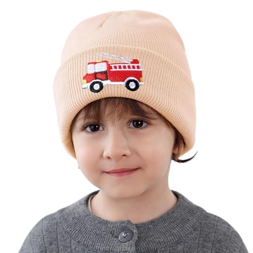 Kids Knit Beanie Cute Fire Trucks Embroidery Warm Cuffed Skull Caps Classic Autumn Winter Hats for Boys Girls 3-8 Years4