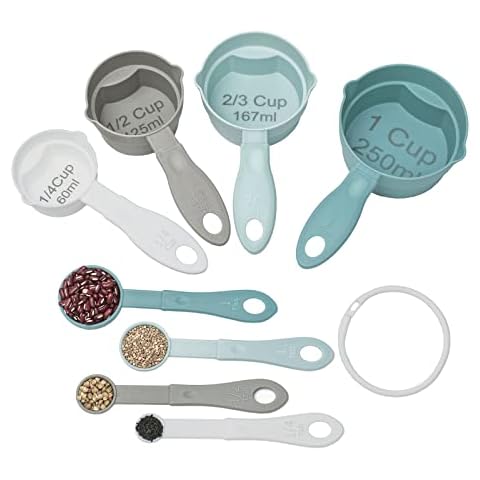 Measuring Cups and Spoons Set of 8, Easy to Read Plastic Measuring Cups Measuring Spoons Stackable for Measuring Dry Liquid Ingredients for Baking Cooking, Dishwasher Safe BPA Free ( Morandi Blue) Cover