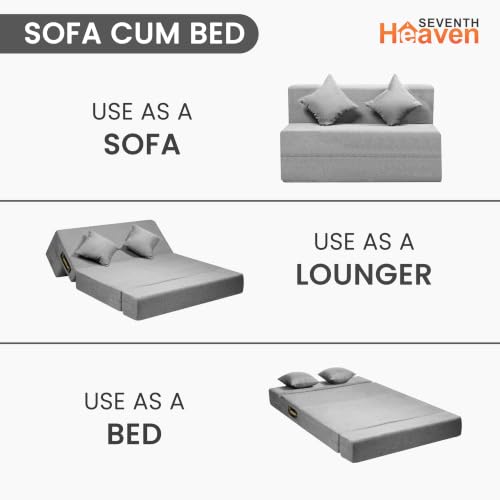 Image of Seventh Heaven Rejioce 2 Seater 4 * 6 Jute Fabric Washable Cover Sofa Cum Bed with 2 Cushions 2 Seater Double Foam Fold Out Sofa Cum Bed (Finish Color - Light Grey Delivery Condition - Pre-Assembled)