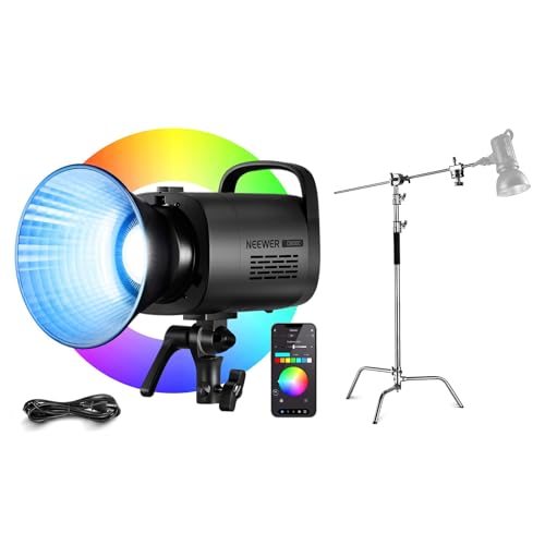 NEEWER CB100C 130w RGB LED Video Light with Pro 100% Stainless Steel Heavy Duty C Stand, APP/2.4G Control 360° Full Color 2700K-6500K 27000lux/m COB Bowens Mount Silent Continuous Output Lighting