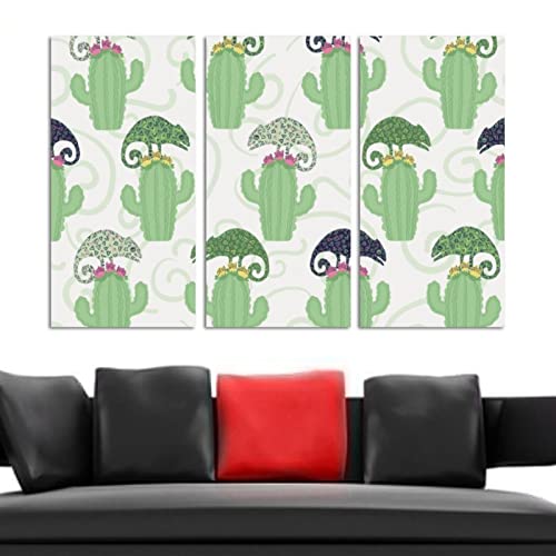 Wall Art For Living Room, Oil Painting On Canvas Large Framed Reptile Chameleon Lizard And Cactus Plant Pattern Artwork For Home Bedroom Decor 24"X48" #TOP3