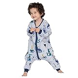 wetry Baby Schlafsack mit Füßen Langarm KinderSchlafsack Baumwolle Cartoon Druck Schlafsack mit Beinen Ganzjahres Schlafanzug für Junge Mädchen Unisex,Grau Dinosaurier/L