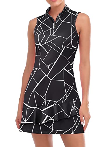 Viracy Tennis Dress for Women Sleeveless Golf Dresses with Shorts and Pockets Ruffle Zip Up Stand Collar Golf Outfits