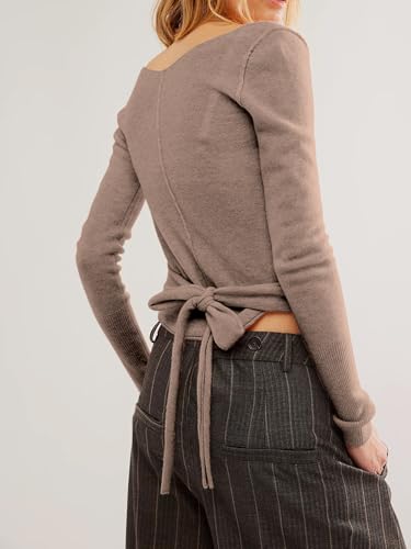 Women's Crop Sweater Tie Front Drawstring Long Sleeve V-Neck Lightweight Crochet Cardigan Solid Crop Brown4