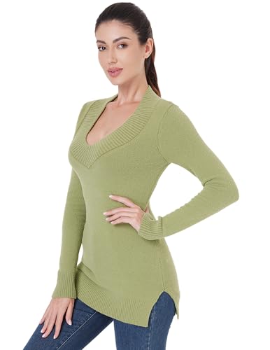 Image of AmelieBoutik Women Deep V Neck Ribbed Trim Knit Long Sleeve Tunic Sweater with Side Split