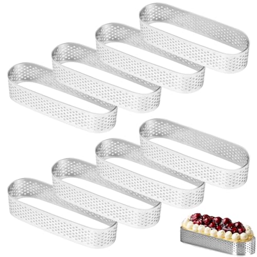 AWAOVV 8 Pcs Oval Tartlet Molds, Stainless Steel Perforated Cake Ring, Crumpet Tartlet Rings, Quiche Rings, DIY Baking Muffin Rings, French Dessert Mousse Fruit Pie Tart Ring