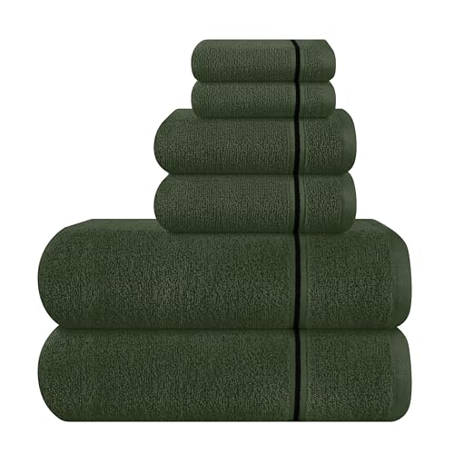 MyOwn Ultra Soft 6 Pack Cotton Towel Set, Contains 2 Bath Towels 28x55 inch, 2 Hand Towels 16x24 inch & 2 Wash Coths 12x12 inch, Ideal Everyday use, Compact & Lightweight - Olive Green