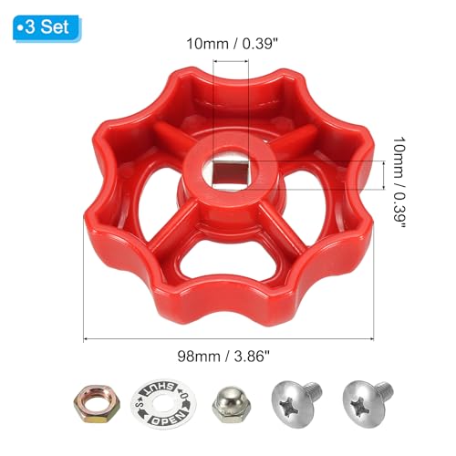 PATIKIL Außenwasserhahn Griff Vierkantstiel Loch 6x6mm, ABS Runder Rad Wasserhahngriffe Ersatz Wasserhahn Griff mit Schraubenabstandshalter, Rot, 3 Stück