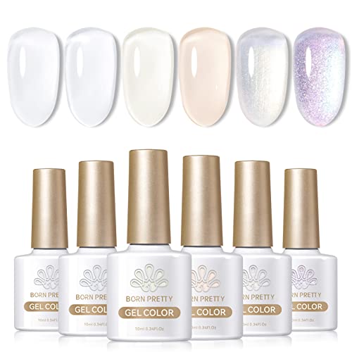 Born Pretty Milky White Gel Nail Polish Jelly Gel Nail Polish Set White Nude Shimmer Glitter 6 Colors Sheer Home Gel Manicure DIY Nail Art Salon Varnish 10ML
