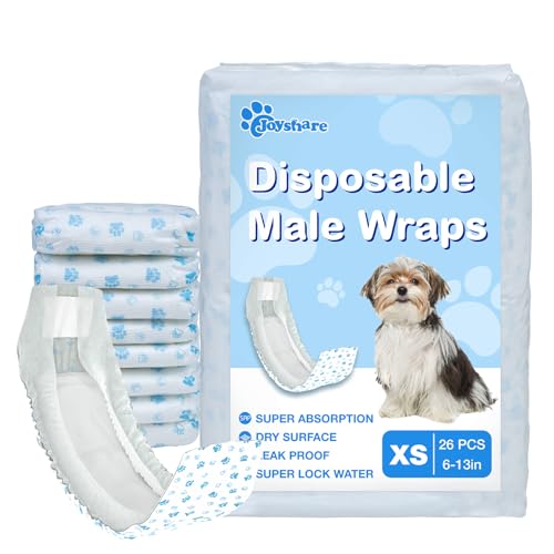 Joyshare Disposable Male Dog Diapers, XS-26 Count SuperAbsorbent Male Wraps, Soft Cotton, Stereoscopic Edge Fit for Incontinence Dog Nappies, Potty Training, Travel, and Post-Surgical Care