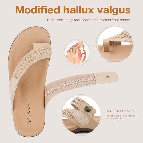 BCSTUDIO Women Comfort Adjustable Leather Flip Flop Sandals with Arch Support3