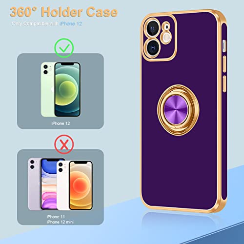 Fingic for iPhone 12 Case,for iPhone 12 Case with Ring Stand, 360° Rotatable Ring Holder Magnetic Kickstand Shiny Plating Gold Edge Slim Soft TPU Shockproof Protective Case for Women Men,Deep Purple by Fingic - Image 2