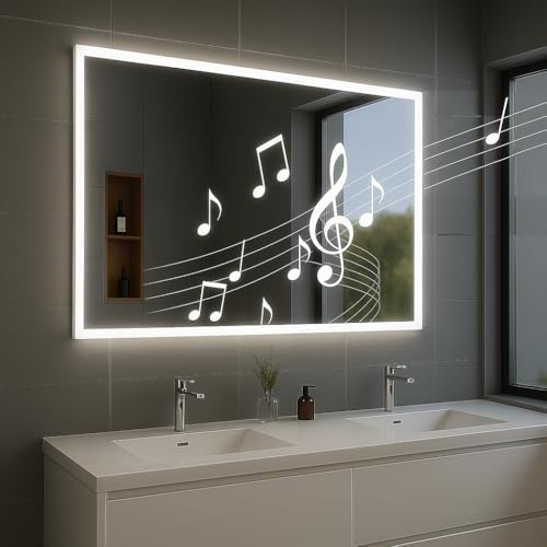 VOLTGY Espejo de Baño con Luz LED 80×60 cm. Espejo de baño Bluetooth y Anti-vaho – Iluminación Ajustable 3 Tonos, Espejo Moderno para Baño, Maquillaje y Aseo – Montaje Horizontal