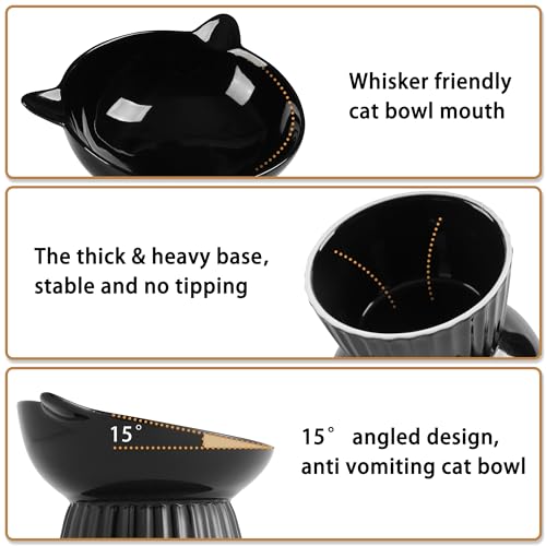 Wellbro Ceramic Raised Cat Bowl，Tilted Raised Bowl Anti Vomit for Indoor Cats Whisker Friendly Pet Feeder for Cats Puppies, Microwave and Dishwasher Safe (Black) by Wellbro - Image 3