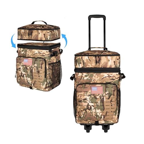 Goloni 72-Can Rolling Cooler with Wheels | 2-Tier Insulated Leakproof Cooler Bag, Detachable Top Compartment for Camping, Beach, Picnic & Tailgating,Camo