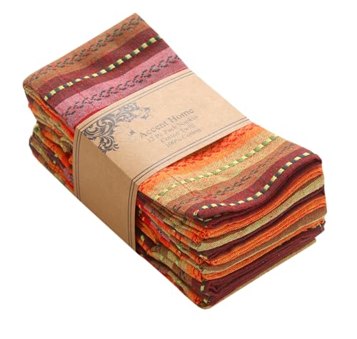 ACCENTHOME 100% Cotton Salsa Stripe Napkin Set of 12 18x18 inch Red/Rust
