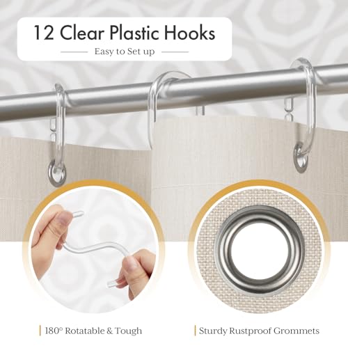 Image of AmazerBath Boho Shower Curtain, Modern Farmhouse Shower Curtain Set with Tassels, Rustic Faux Linen Black Striped Shower Curtain with Hooks, Light Tan Toned, 72x72 Inches