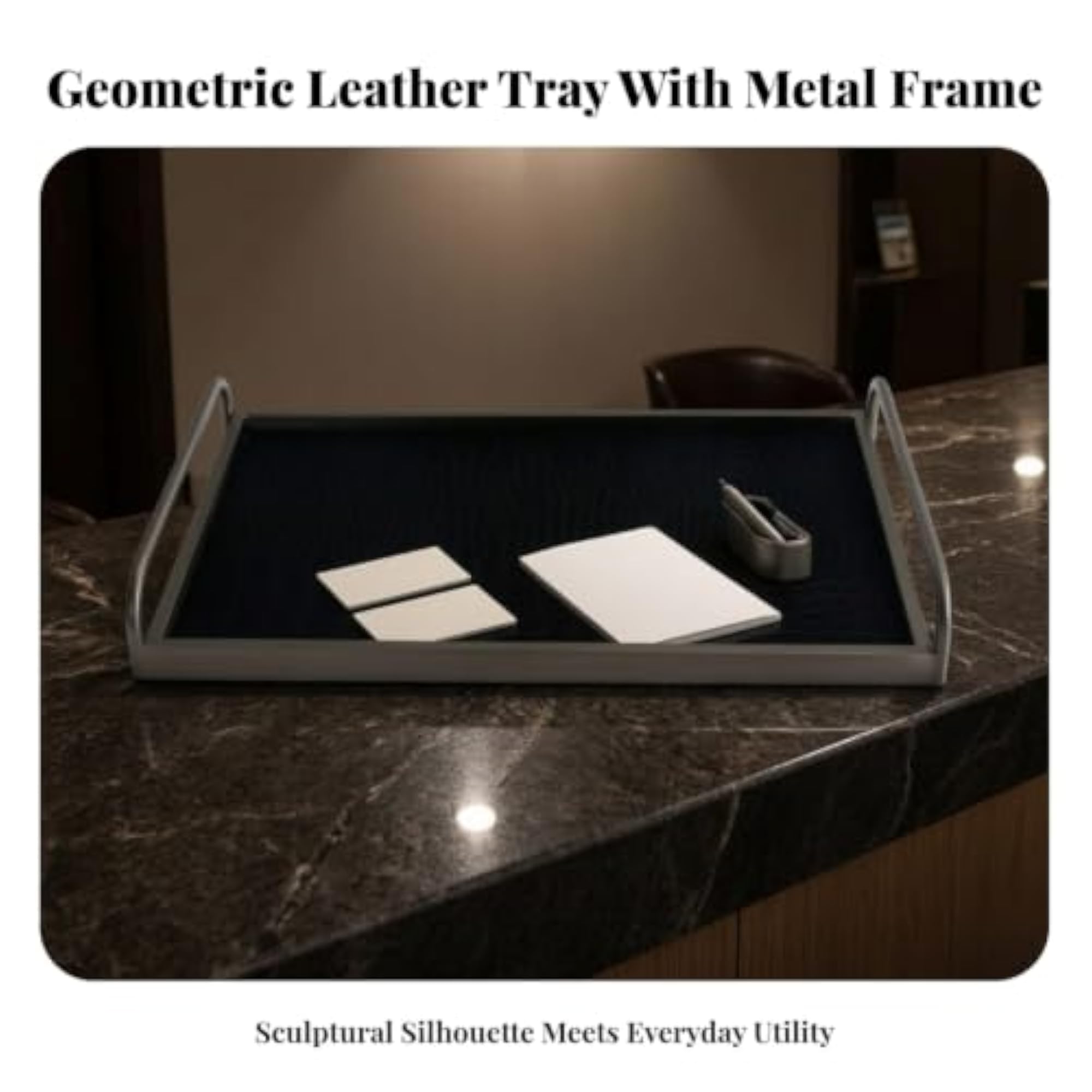 Decorative Leather Tray with Handles, Sturdy Rectangular Tray