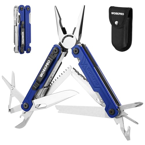 WORKPRO Multifunktionszange, 18 in 1 Multitool Werkzeug Faltbares Edelstahl Multifunktionswerkzeug mit Messer, Flaschenöffner, Schere, Gürtelclip für Camping Reparieren, Geschenk mit Tragtasche, Blau