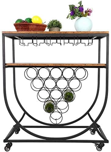 OGFC 55131 Kitchen Serving Trolley with Wine Rack Industrial Bar Serving Cart Table with Glass Holder Movable Kitchen Serving Cart with Lockable Wheels for Home Restaurant