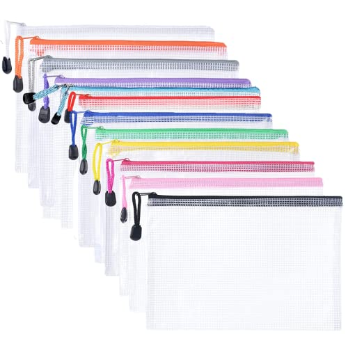 Plastic Wallets - 12 Pcs Zip Lock Bags Plastic Folders Document Wallets, A4 Zip Wallets Plastic Zipper Bag Document Folder, 12 Colours Plastic Pockets for School, Office, Home