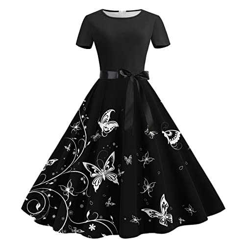 Rockabilly Kleider Damen A-Line Retro-Kleidung Vintage Partykleid Swing Festlich Blumendruck Cocktailkleid Elegant 50er Jahre Petticoat Kleid...