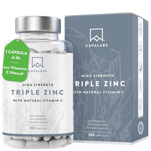 AAVALABS® - Triple Zinc con Vitamina C Natural - 25mg - Altamente concentrado - 3x Formas de Zinc -Picolinato, Bisglicinato y Monometionina - 180 Cápsulas - Veganos