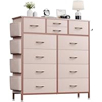 Buluri Chest of Drawers Bedroom, 12 Fabric Drawers Dresser with Side Pockets and Hooks, Wooden Top and Metal Frame, Tall Drawers for Closet, Living room, Kids Room (Pink)