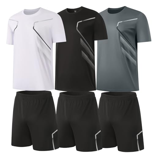 BUYJYA 3 Pack Men's Gym Shorts Shirt Set Workout Athletic Basketball Running Football Elastic Waist with Pocket Gifts