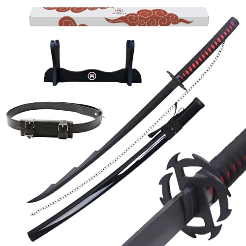 Hashiman Katana Bleach - Réplica Sable Manga Anime + Soporte Espada de Madera + Cinturón - Juguete Cosplay Catana Japonesa Niños Adultos Juego Disfraces (Ichigo Kurosaki Bankai Tensa Zangetsu V2)