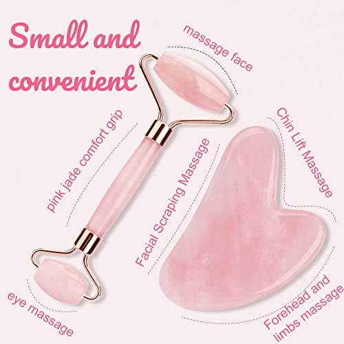 Cuteliili Jade Roller & Gua Sha Facial Tools, Natural Pink Jade Gua Sha Set And Massage Tools For Your Face And Body Treatment, For Beauty Anti Aging Reduces Wrinkles & Eye Puffiness,Christmas Gift #TOP6
