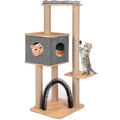 BAKAJI Albero Graffiatoio Tiragraffi 1 Cuccia Coperta Rifugio per Gatti Animali Felini Unghie Antigraffio Stabile Resistente Robusto Albero Rampicante Solido Mobile Colore Grigio e Legno Bicolor