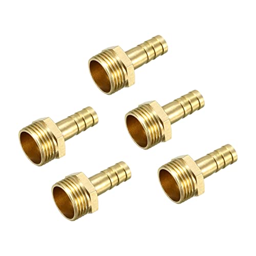 QUARKZMAN 8mm Púas x 3/8 PT Macho Rosca Latón Espiga Manguera Montaje x 5uds Tubo Conector Adaptadores para Manguera Conexión, Conector de Lengüeta de Latón [Dorado Tono]