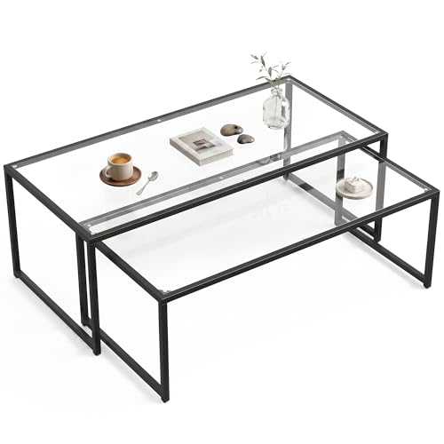 HOMCOM Lot de 2 Tables Basses gigognes Tables de Salon rectangulaires Design en Acier et Plateaux en Verre trempé Noir