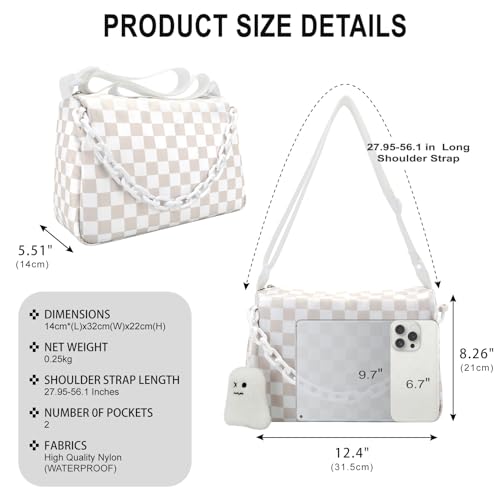 DOB SECHS Checkered Crossbody Bag for Women Nylon Cute Messenger Purse Hobo Bag Spacious Checkerboard Handbag Wallet Cross Body Belt Sling Bags for Travel with Ghost Pendent, Adjustable Strap, White3