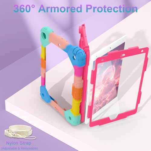 Image of Auizotl Case for iPad 9th /8th /7th Generation 10.2 Inch iPad Case 9th Generation with Screen Protector /Rotate Stand /Pen Holder, Heavy Duty Shockproof i Pad 9th /8th /7th Cases,Colorful Pink