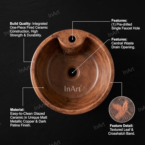 Image of InArt One Piece Ceramic Pedestal Free Standing Round Wash Basin for Living Room and Bathroom (15 x 15 x 33 Inch) (Wooden)