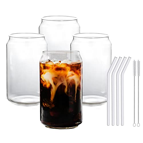 4 x Trinkgläser mit Glasstrohhalmen, 473 ml, klare Dosenform, Glasbecher, Becher, Biergläser, Eiskaffee, Wassergläser, Whiskygläser Cover