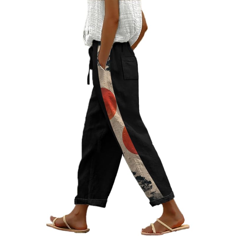 MARSVOVO Palazzo Pants for Women Wide Leg with Pockets Novelty Print High Waisted Drawstring Vintage Japanese Pants2