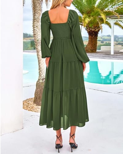 BTFBM Women Formal Dress Spring Square Neck Puff Long Sleeve Smocked Tiered Flowy Wedding Guest Maxi Dresses Pockets3