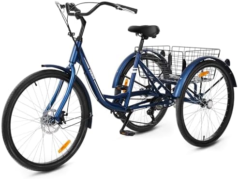 Viribus Adult Tricycle, 7 Speed Tricycle for Adults with Dual Chain, Adult Tricycles for Women Men Seniors, Three Wheel Bike for Adults with Basket, 330lb. Adult Trike 24 26 inch Cruiser 3 Wheel Bike