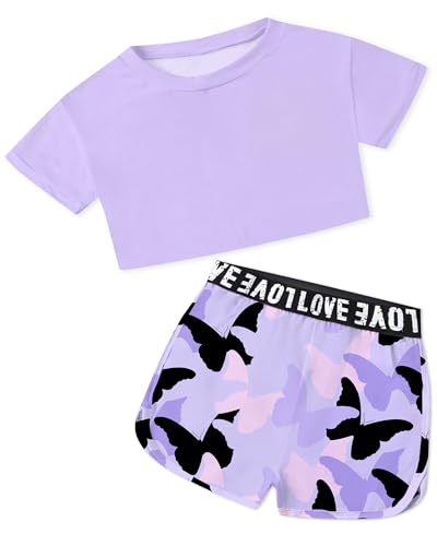 Image of Betusline Girls Summer 2 Piece Outfits,Kids Short Sleeve Crop Top & Shorts Set with Side Pockets