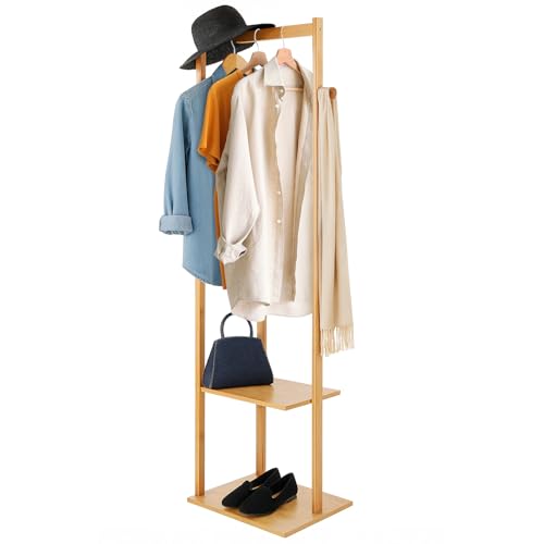KingSaid Porte-Manteau en Bambou sur Pieds, Portant à Vêtements Stable avec Tringle, Crochets et Étagères – Design Compact 155 x 38 x 30 cm – Idéal...